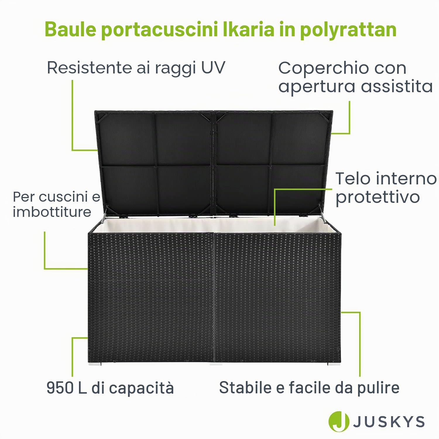 Juskys Scatola per Cuscini Polyrattan Ikaria 950 L con Coperchio con Meccanismo di Sollevamento - 145 x 82 x 79 cm per Giardino - Nera con Telo Interno