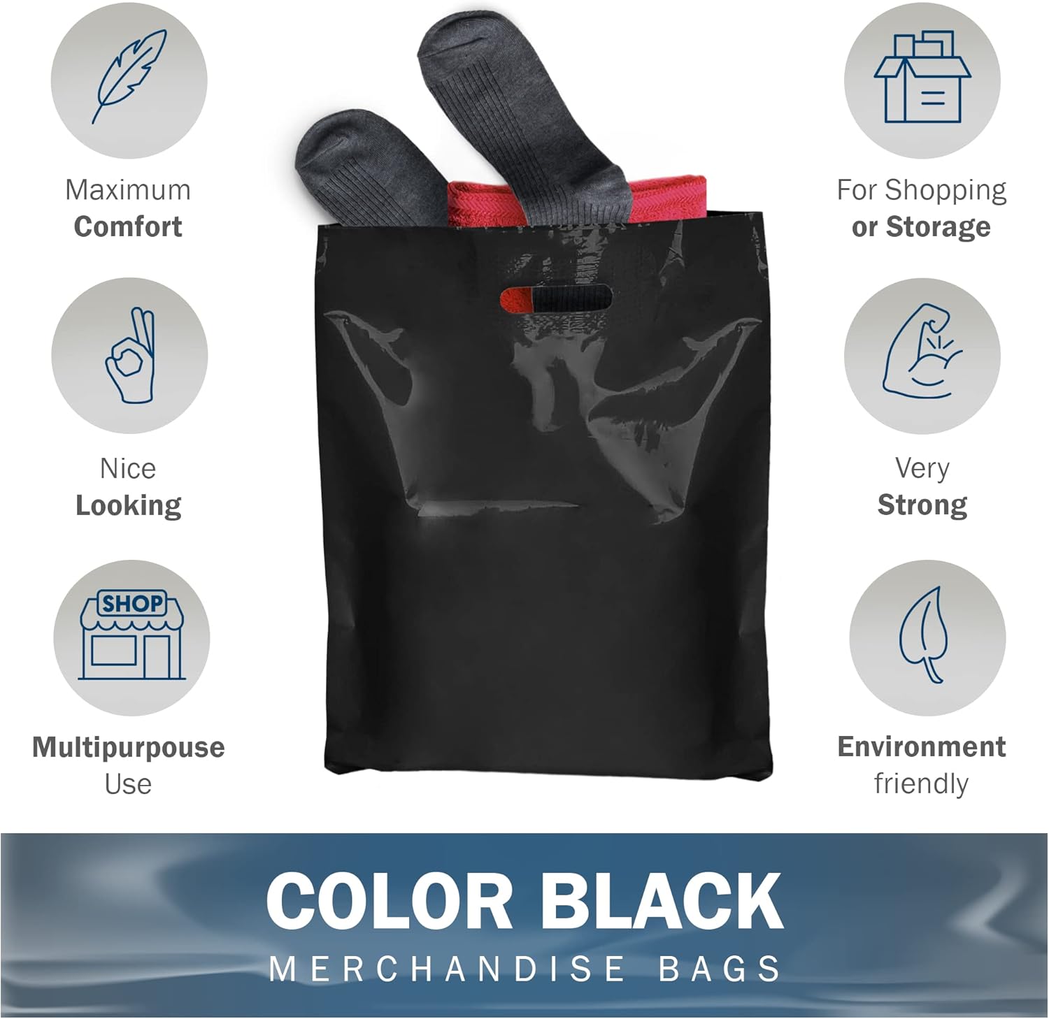 20x22 Black Plastic Merchandise Bags, Glossy Finish, Extra Large Retail Size, 100 Pack, 2 Mil Thick, with Die-Cut Handles by PPB