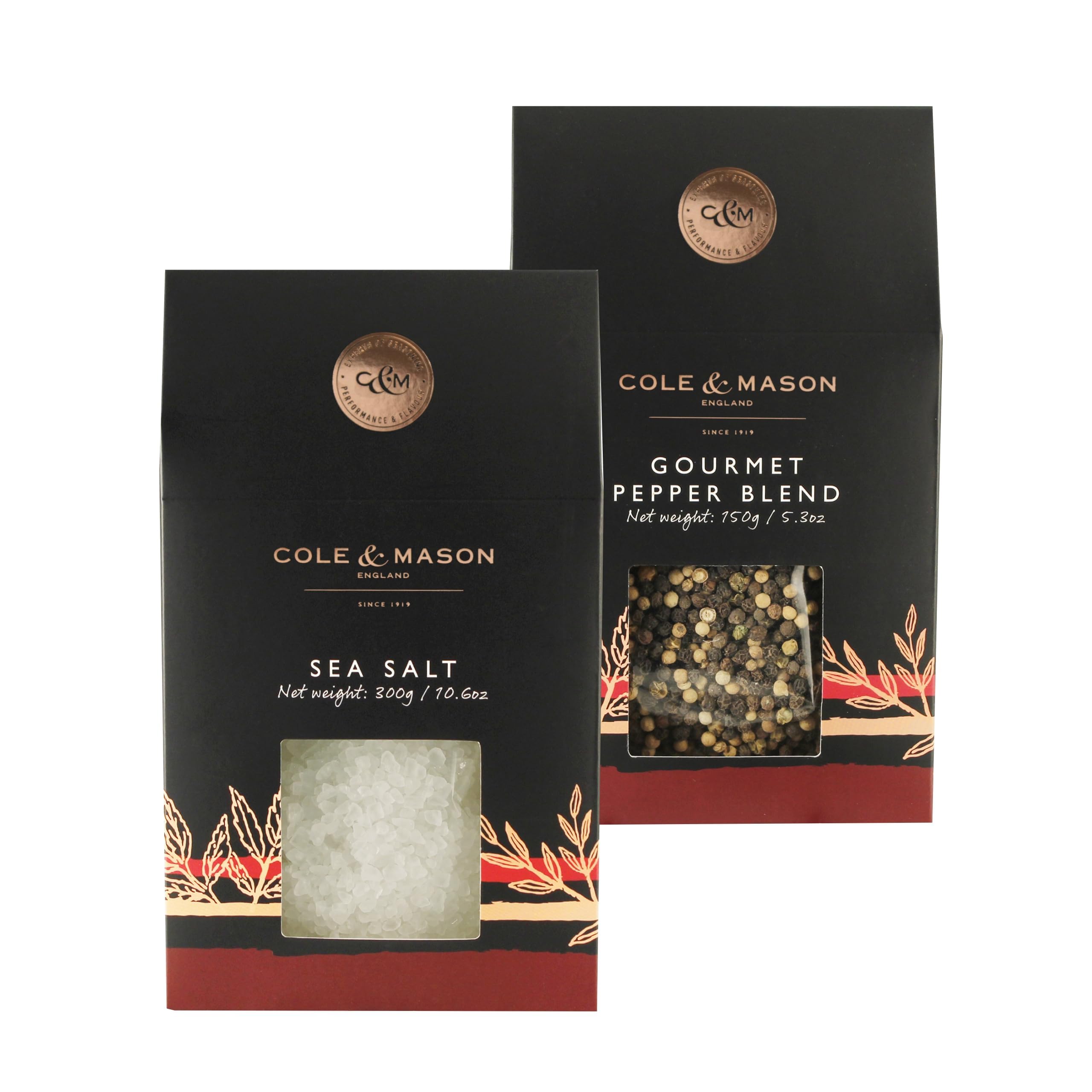 Cole & Mason Gourmet Spice Refill Box - Pairs Well with Chicken, Beef, Pork & More - Peppercorn Refill for Salt & Pepper Mill Grinder - Sea Salt &