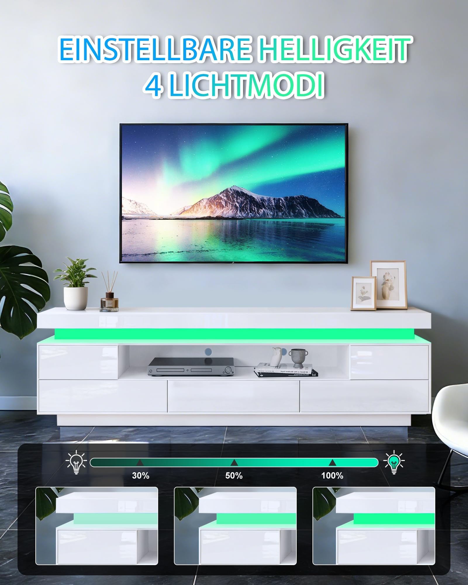 LED-TV-Schrank 160cm Moderner Hochglanz-TV-Schrank mit 3 Schubladen, Sideboard für Schlafzimmer, Wohnzimmer, Wohnmöbel (Weiß)