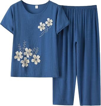 FindThy Womens 2 Piece Linen Outfits Short Sleeve Floral Print Lounge Sets Crewneck Summer Suits