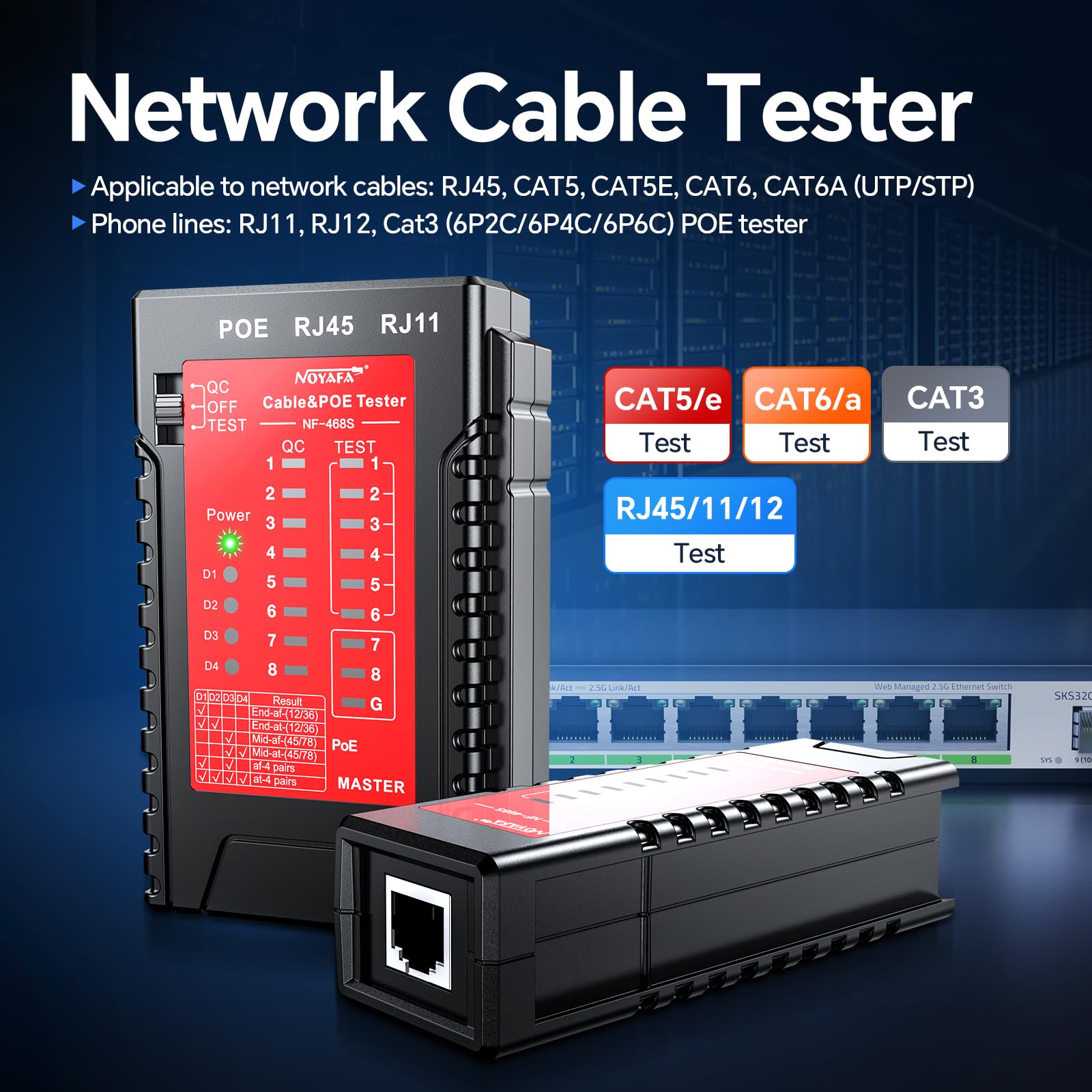 NOYAFA Testeur de câble réseau NF-468S, testeur de câble Ethernet RJ12 RJ11 RJ45 pour CAT5, CAT5E, CAT6, CAT6A, POE, testeur de continuité UTP/STP, toner, ligne téléphonique, câble CAT3, outils réseau