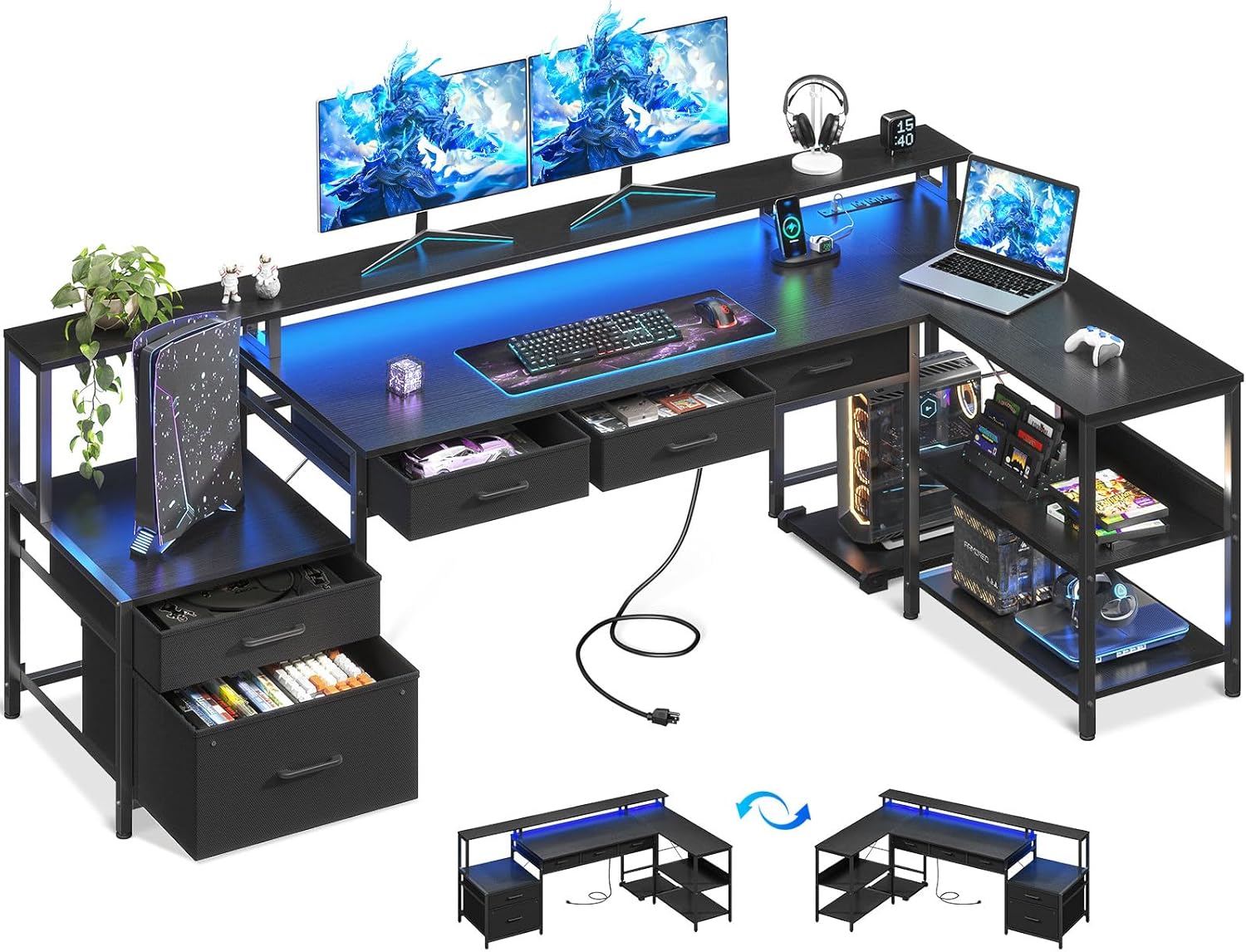 AODK L Shaped Desk with 5 File Drawers, 75" Reversible L Shaped Computer Desk with Power Outlet & LED Strip, Office Desk with Storage Shelves, Gaming Table with Monitor Shelf, Corner Table, Black