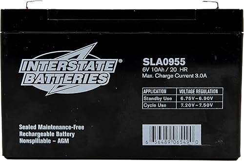 Interstate Batteries Power Patrol - Batería de 6 V y 10 Ah (SLA0955) sellada de plomo ácido recargable SLA AGM (terminal F1), soluciones de energía