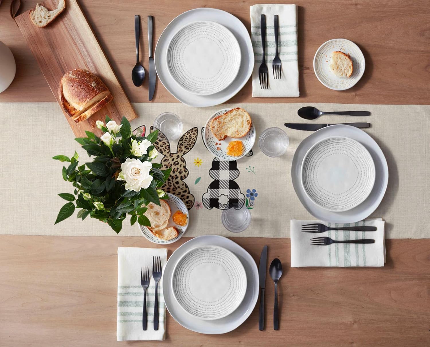 Teamery Easter Table Runners 13x120 Inch Farmhouse Linen Kitchen Dining Table Runner Dresser Scarves for Spring Party Wedding, Bunny Spring Rabbit with Watercolor Flowers Holiday Table Setting Decor