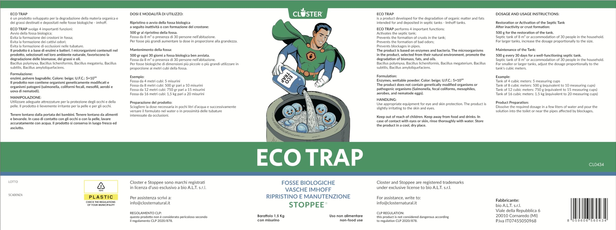 CLOSTER ECOTRAP Activateur de Fosse Biologique 1,5 kg, Fabriqué en Italie – Septic Tank – Enzymes pour fosses biologiques avec Distributeur – Nettoyage et Entretien circulaires des fosses septiques