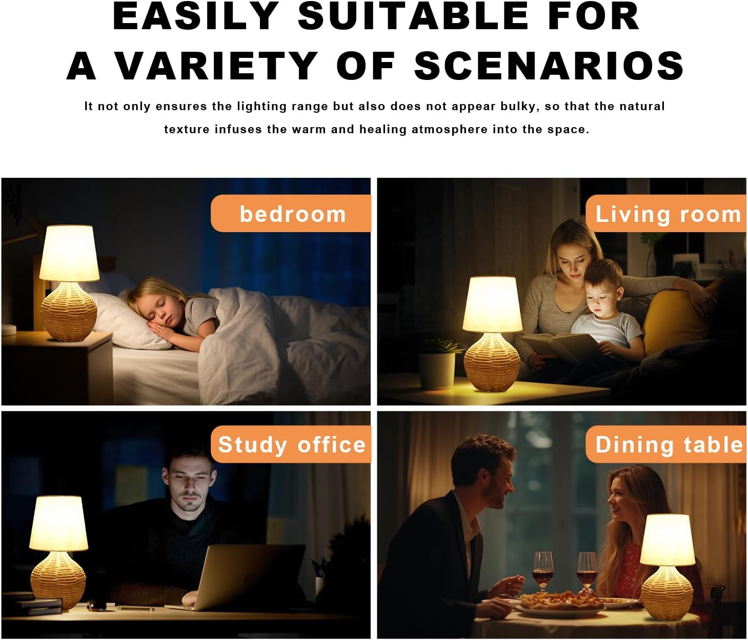 Rattan Small Table Lamp Set of 2, 11.8" Boho Table Lam, Bedroom Decor Farmhouse Table Lamp for Living Room Office Dorm, with Bulbs Included