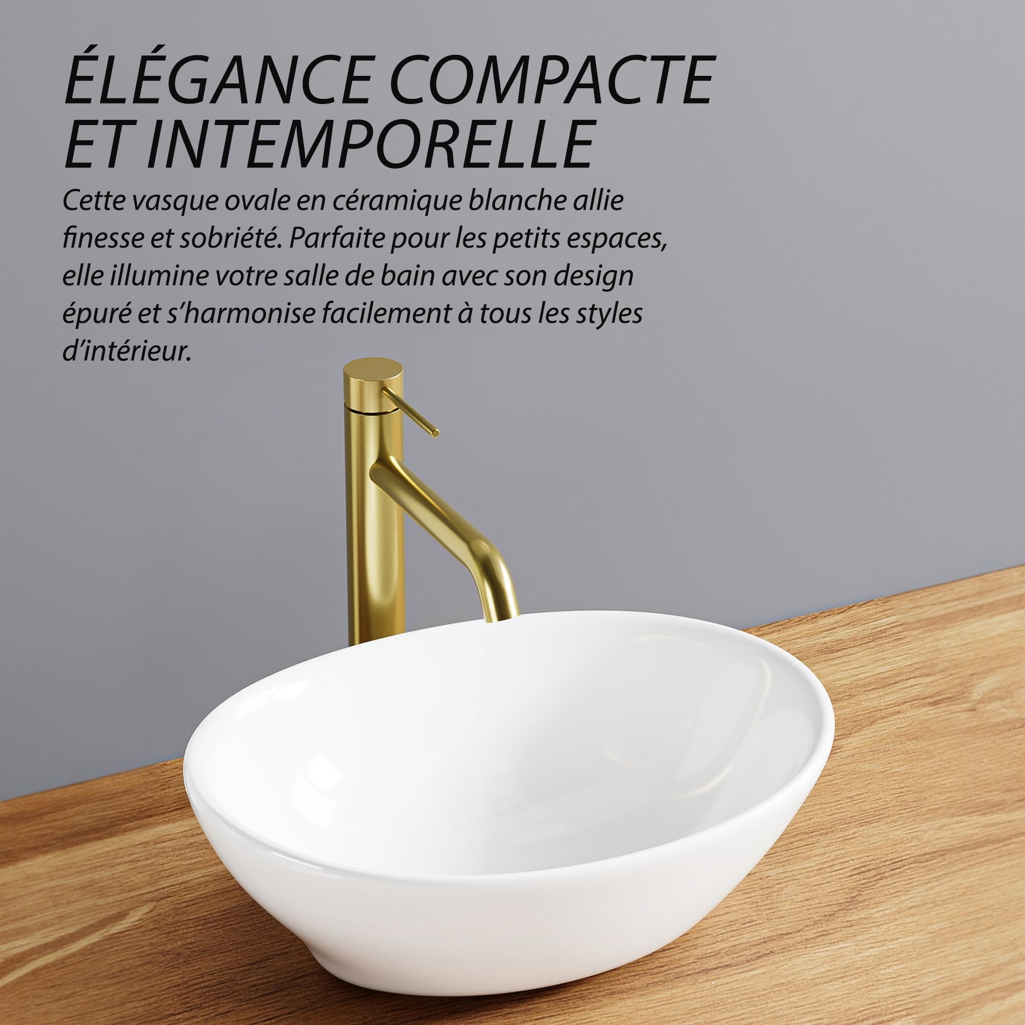 Lavabo ovale bianco 41,5 x 33,5 x 14,5 cm – Lavabo compatto in ceramica lucida – Design intemporale e purificato – ideale per WC, WC e piccoli bagni – facile da applicare e pulire