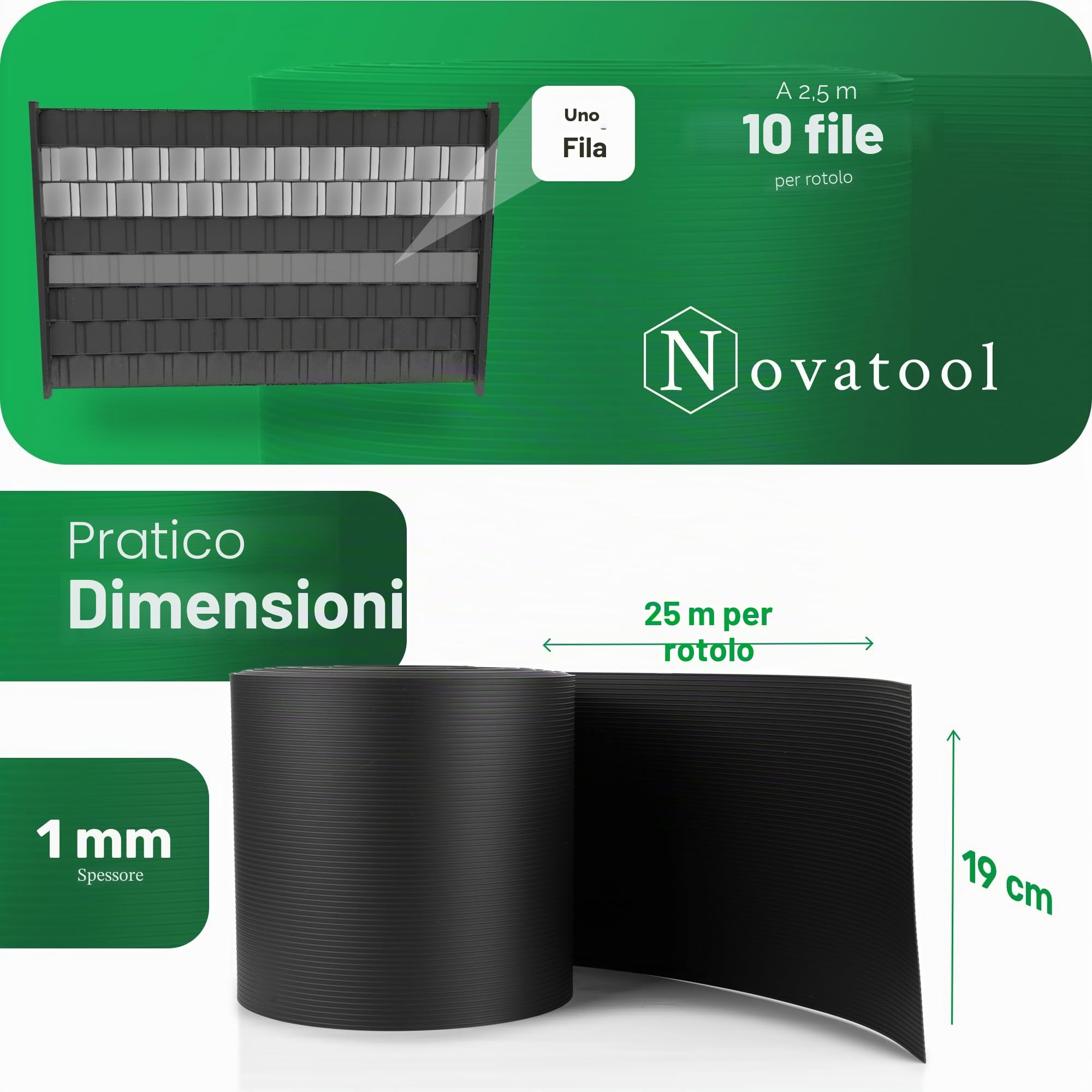 Novatool, rotolo da 25m, striscia di protezione in PP Premium ANTRACITE RAL 7016, 19 cm per 10 file di recinzione a doppia asta, striscia di protezione GRIGIA con scanalature, elementi di recinzione