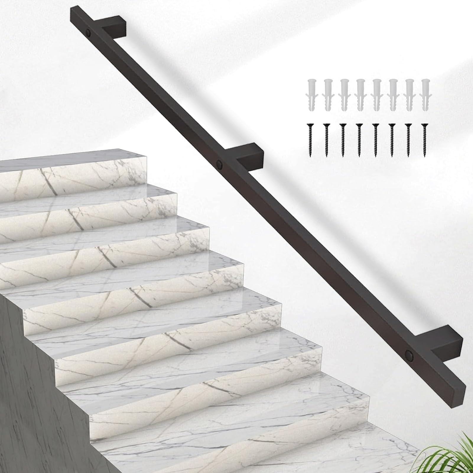 Rampe d'escalier en métal noir 570cm avec support mural en fer forgé