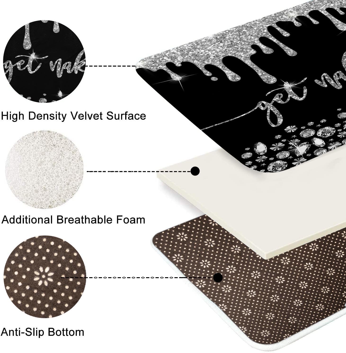 ArtSocket Silver Get Naked Bathroom Set with Shower Curtain and Bath Rugs and Accessories,Diamond Gold Non-Slip Shower Curtain Set,Bathroom Decor 3-Piece Set
