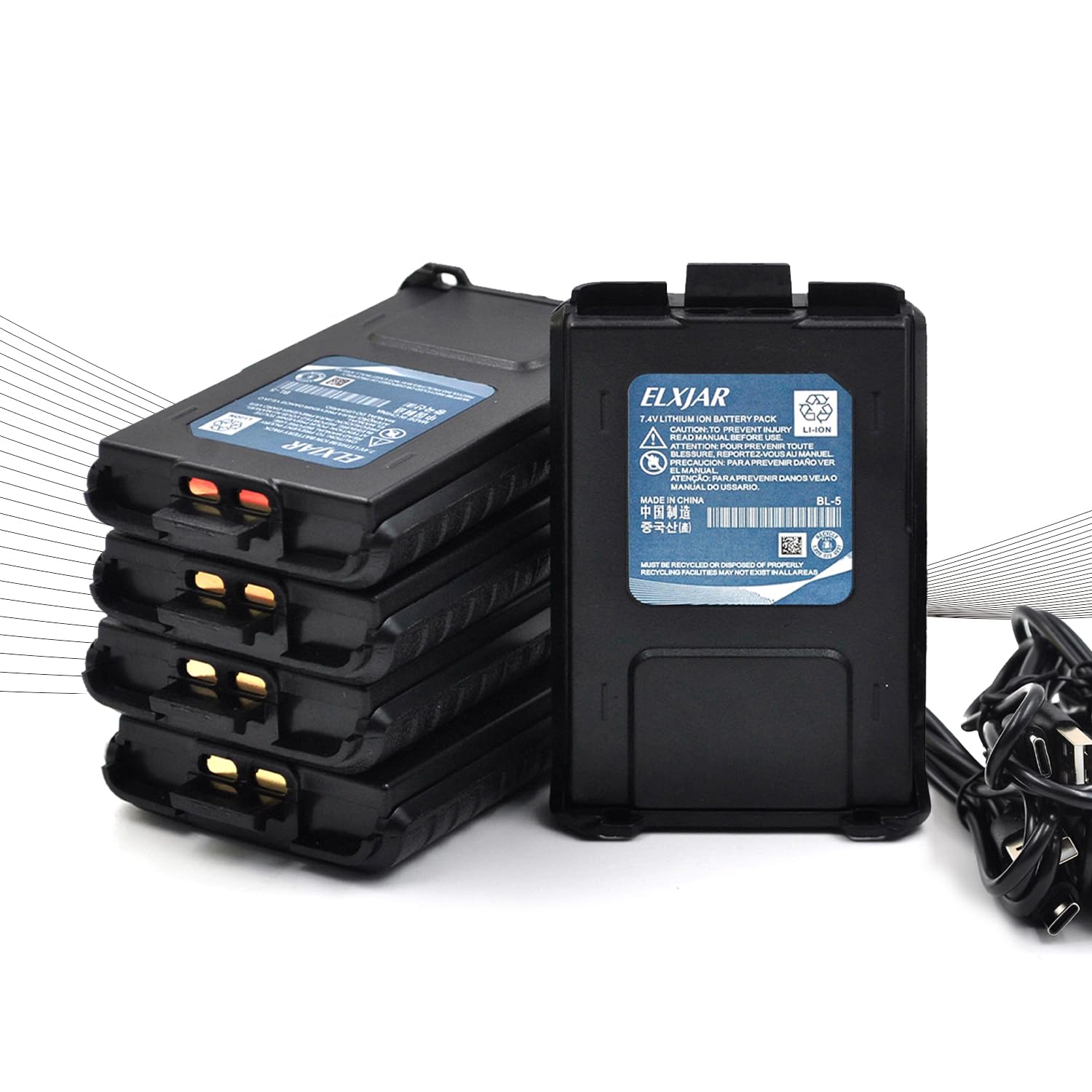 elxjar (5-Pack) 7.4V 1800mAh BL-5 Li-ion Battery Pack with Type-C Plug and USB Charging Cable Replacement for UV-5R Plus DM-5R UV-5RE UV-5RTP BF-F8HP MK2 MK3 MK4 MK5 V2 Plus Series