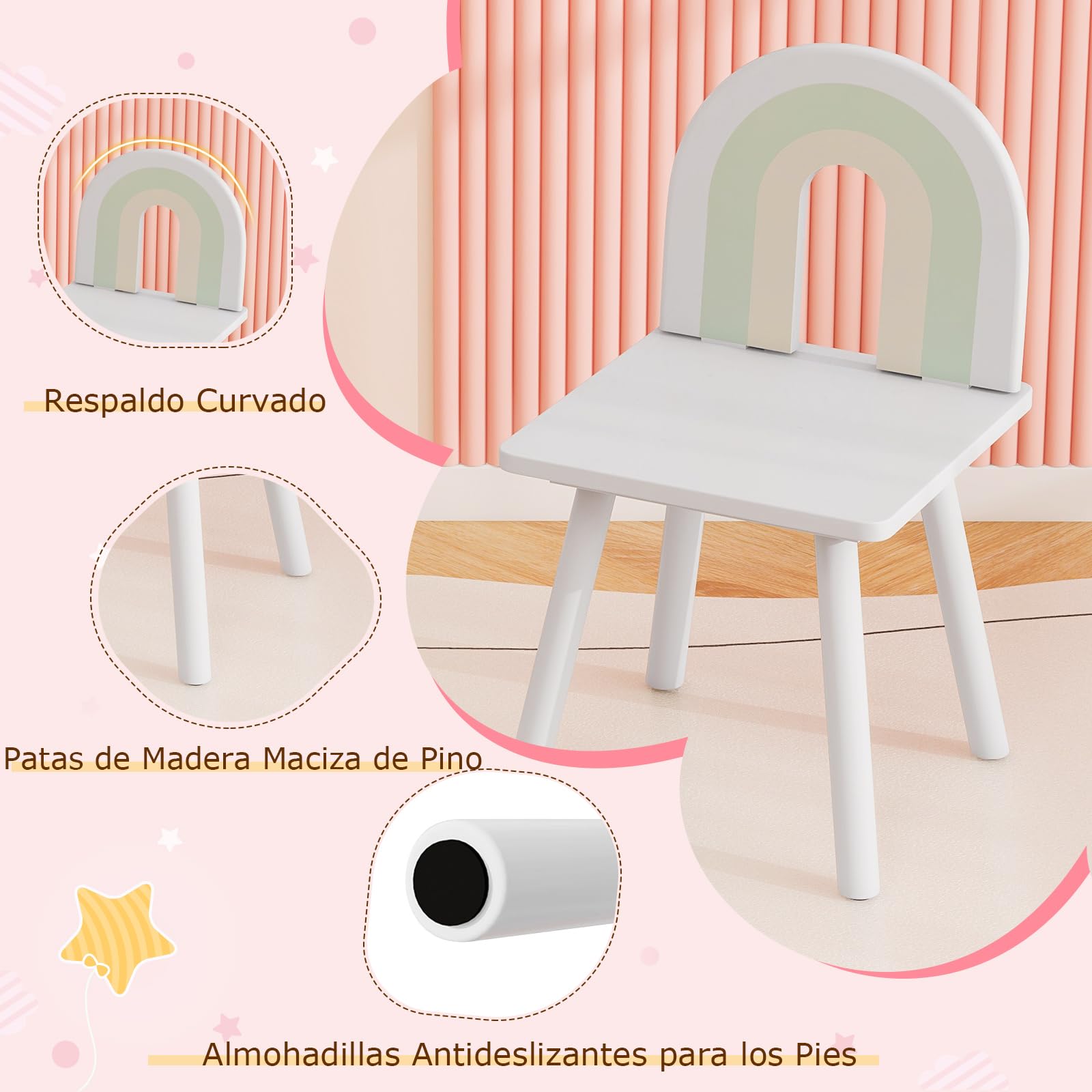 COSTWAY Tocador Niña, Tocador de Maquillaje Niña con Espejo en Forma de Nube, Estante Abierto, Cajones y Armario Cerrado, Patas de Madera, Juego de Mesa y Silla de Princesa para Niñas de 3-7 Años