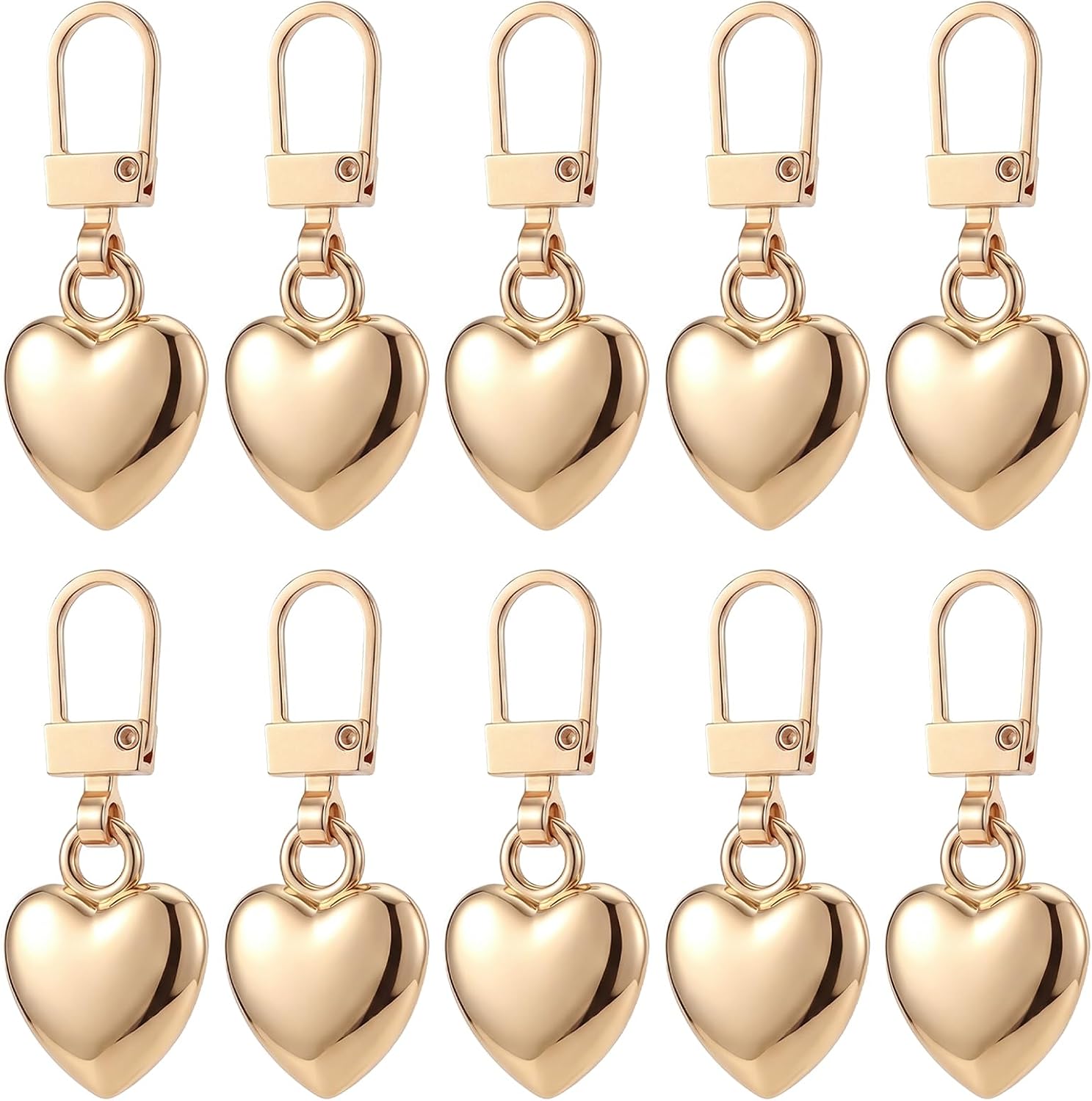 10 Pcs Heart Shaped Zipper Pull Replacement Gold Heart Zipper Pull Charm Metal Backpack Zippers Mend Fixer Repair Padlock Bag Charms for Women Handbag Purse Gift Coats Jackets Pants Luggage Fasteners