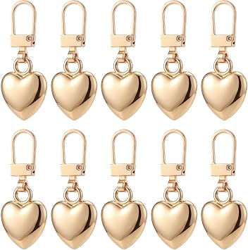 10 Pcs Heart Shaped Zipper Pull Replacement Gold Heart Zipper Pull Charm Metal Backpack Zippers Mend Fixer Repair Padlock Bag Charms for Women Handbag Purse Gift Coats Jackets Pants Luggage Fasteners