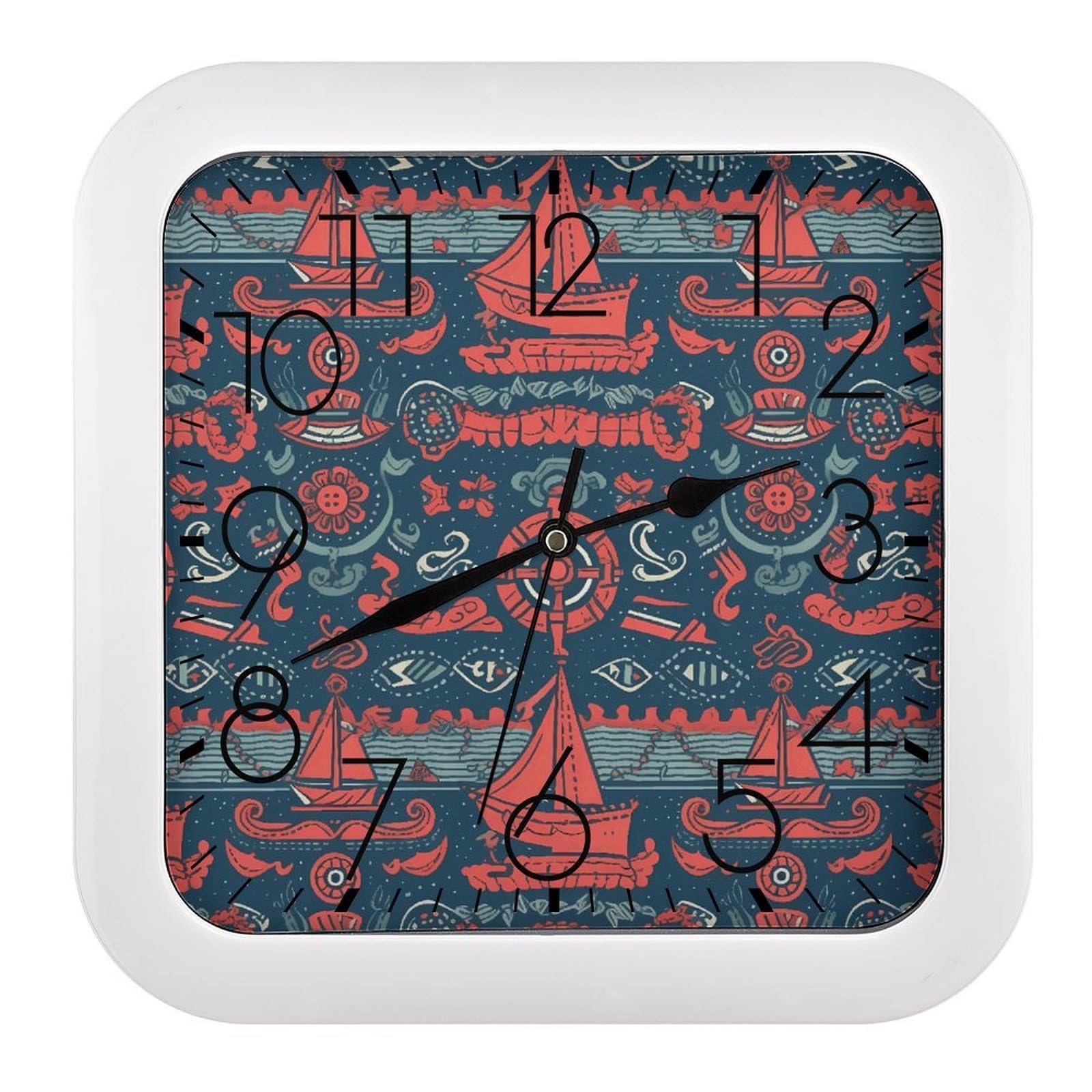 NTVOWPZO 10 Inch Wall Clock Sailboat Pattern Battery Operated Wall Clocks Silent Non-Ticking Square Wall Clock for Living Room Kitchen Home Office Wall Decorative Clocks