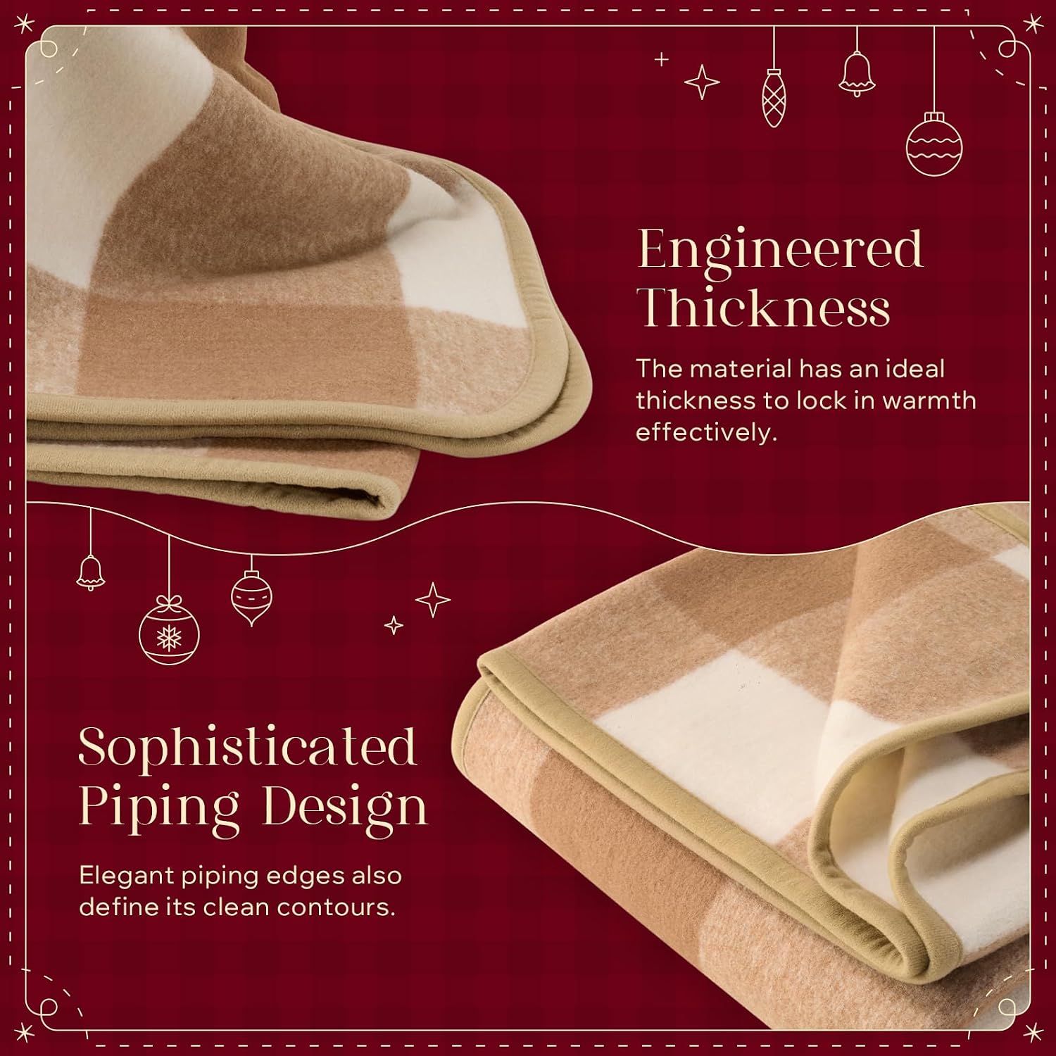 Phantoscope Christmas Throw Blanket, Premium Faux Wool Buffalo Check Blanket with Locking Edge Warp-Knitted Christmas Plaid Blanket Decorative Throw for Couch, Beige, 50×60 inches