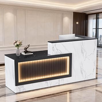 L-Shaped Modern Reception Desk with Light - 71" Large Office Front Desk, Salon Checkout Counter with Lockable Cabinets, Shelves & Drawers Black&White with Light, Left-Sided 4H7