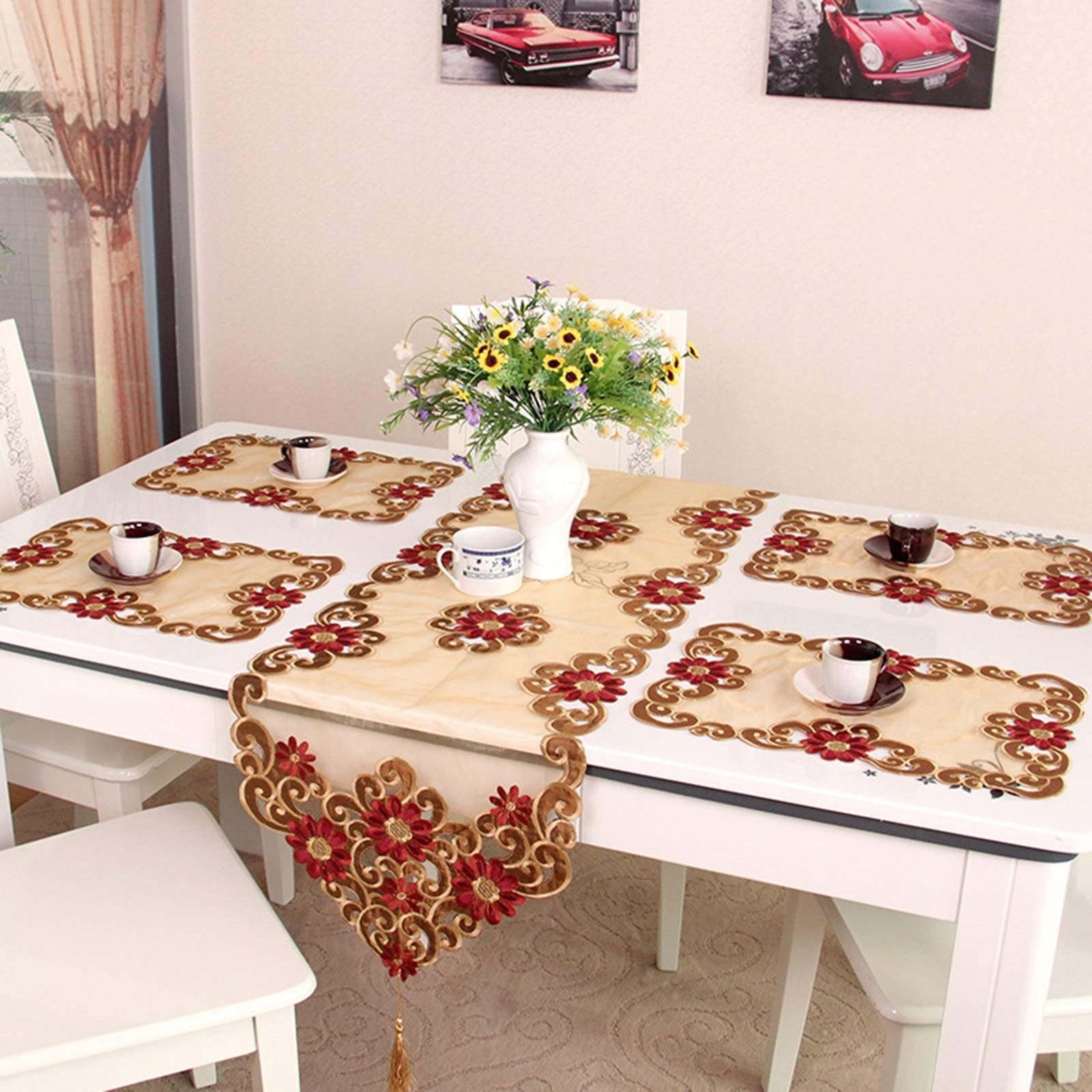 Tischläufer Polyester Wohnzimmer, Tischläufer Landhausstil 40x200 cm, mit Blumenstickerei