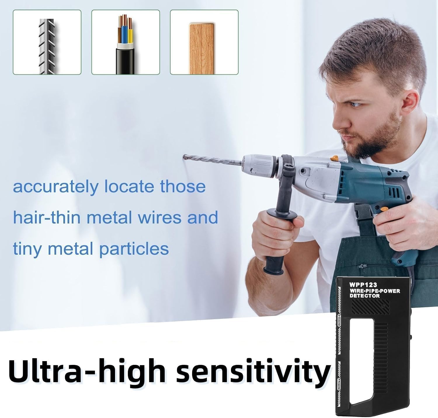 WPP123 High Sensitivity in-Wall Detector, Metal Detector, Wire Detector, Adjustable Alarm, Multi-Functional Scanner, Suitable for Adults, Durable Plastic Body, Black image 5