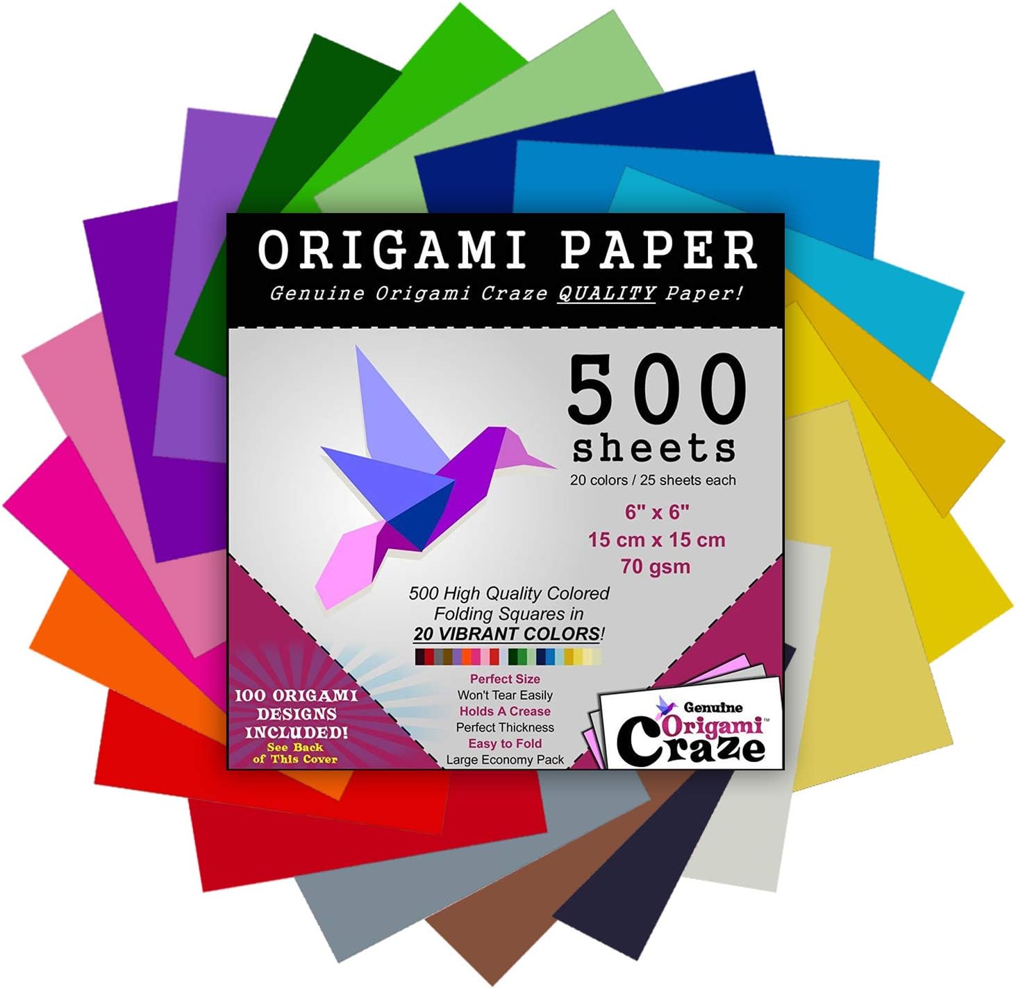Origami Craze Paper 500 Sheets For Arts And Crafts 6 Inch Square Sheets 20 Vivid Colors 100 Design E Book Included Red, Blue, Green, Yellow, Orange, Purple, Black, White, Pink