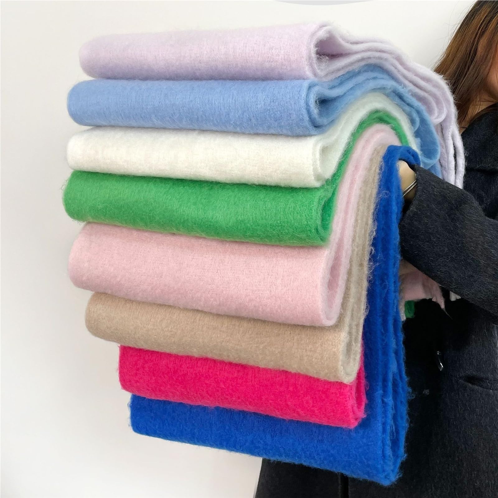 Sciarpa Pashmina Invernale in Mohair da Donna, Sciarpa Lunga Calda Morbida e Ispessita, Scialle soffice con Nappe Classiche(Light Blue)