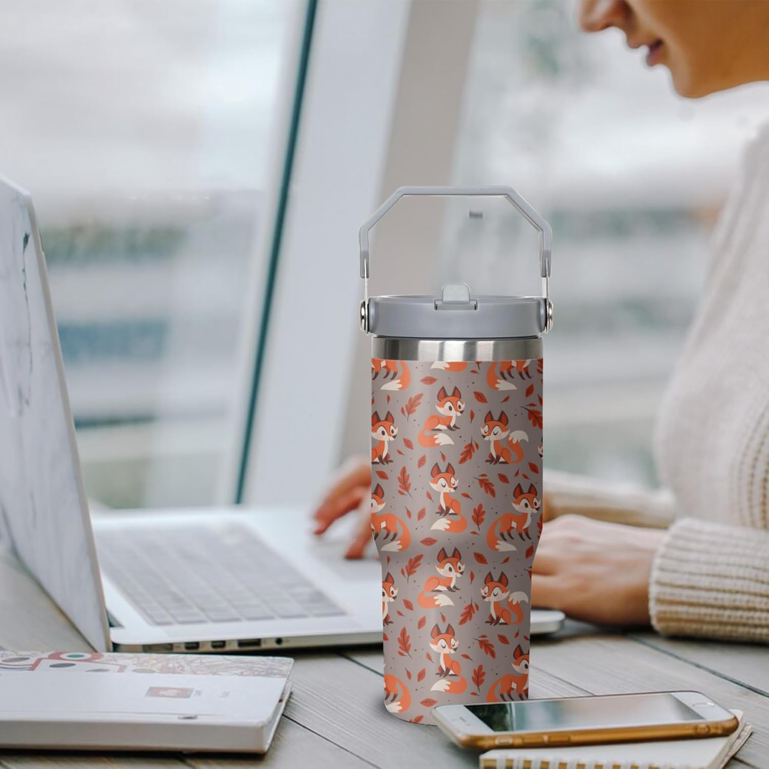 Fox Tumbler with Handle and Flip Straw for Women Men, 30oz Cute Stainless Steel Insulated Cup, Water Bottle Travel Coffee Mug, Gifts for Animal Lovers - Image 5