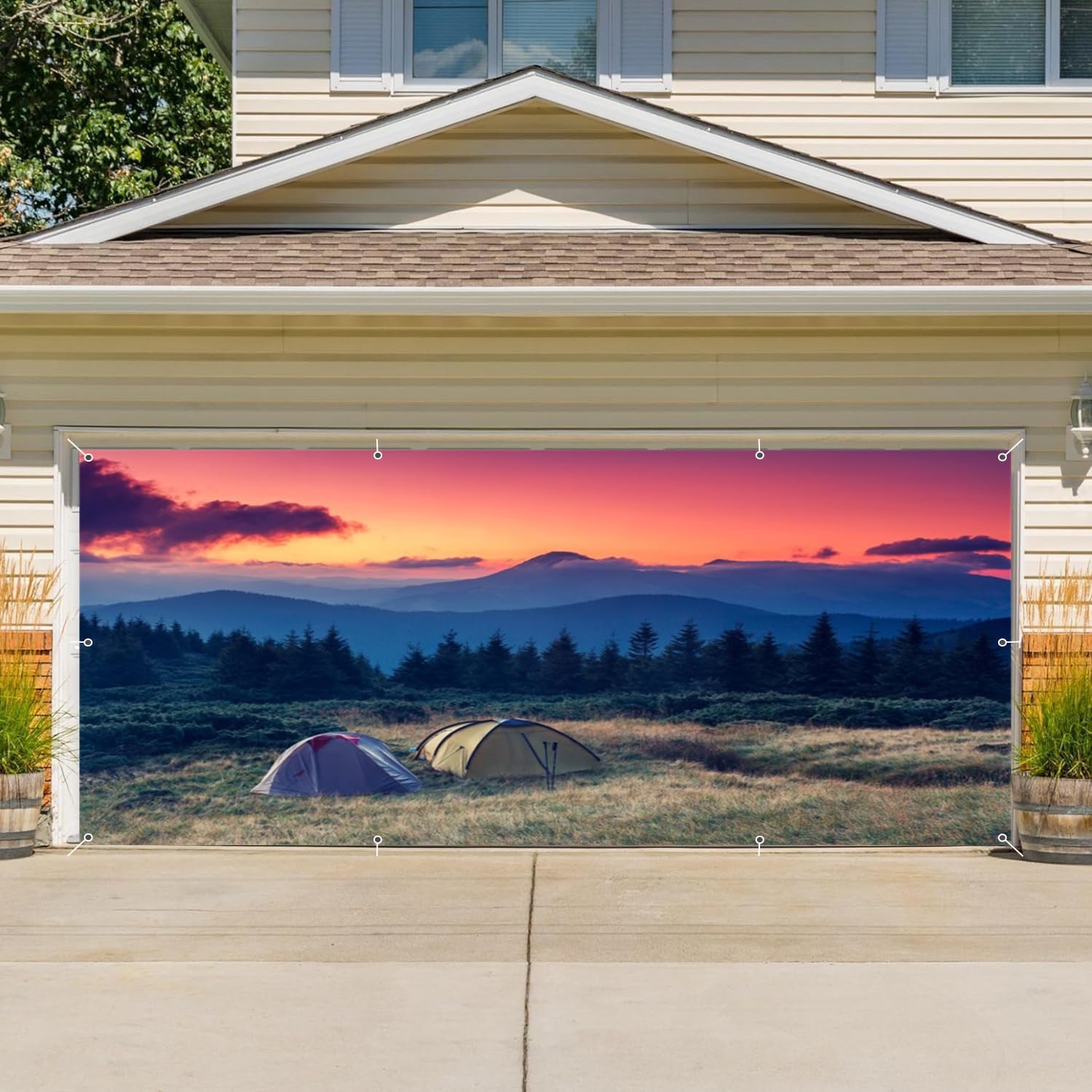 Forest Scene Camping Garage Door Cover Banner Decorations Backdrop 7x16ft Large Camping Tent Forest Sunrise Landscape Garage Door Cover Birthday Party Outdoor Adventure Garage Door Backdrop Decor