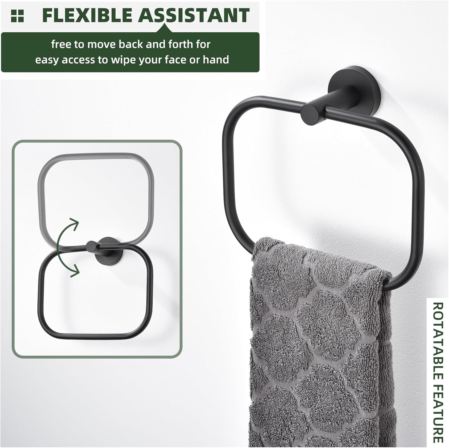 Angle Simple Coat Hook 2 PCS Bundle with Square Towel Ring (Matte Black)