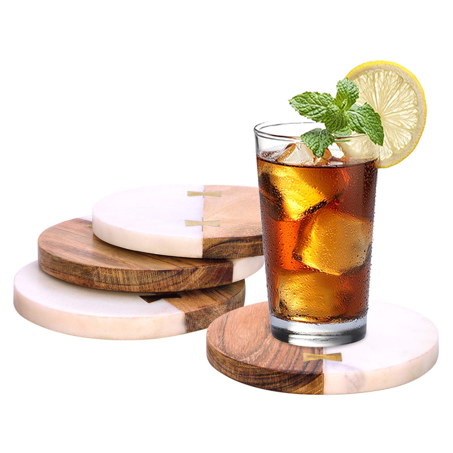 Divit Marble Coasters for Drinks, Absorbent, Antique Look Handcrafted Coasters with Holder, Set of 4 (Wood, White Marble with Brass Inlay)