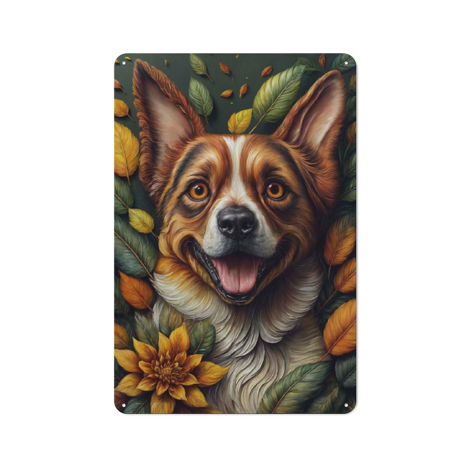 Floral Dog Country Metal Wall Decor 30x20cm, Country Metal Sign for Kitchen, Cottage, Porch Or Garden Room