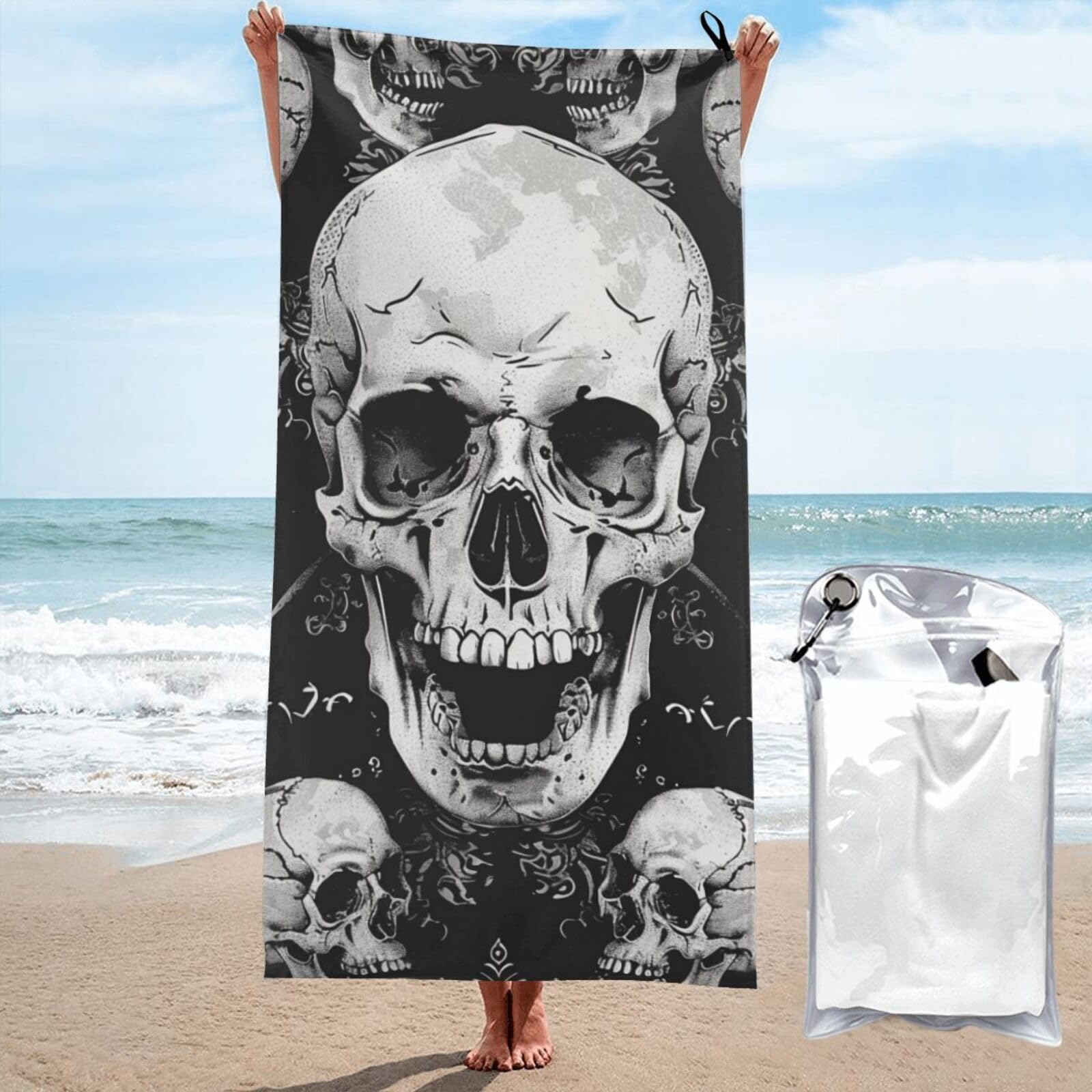 kkvhhyuo Microfiber Beach Towel, skull background Printed Lightweight Quick Dry Travel Bath Sheet with Compact Carry Bag for Swimming Yoga Camping Gym,31.5"x63"