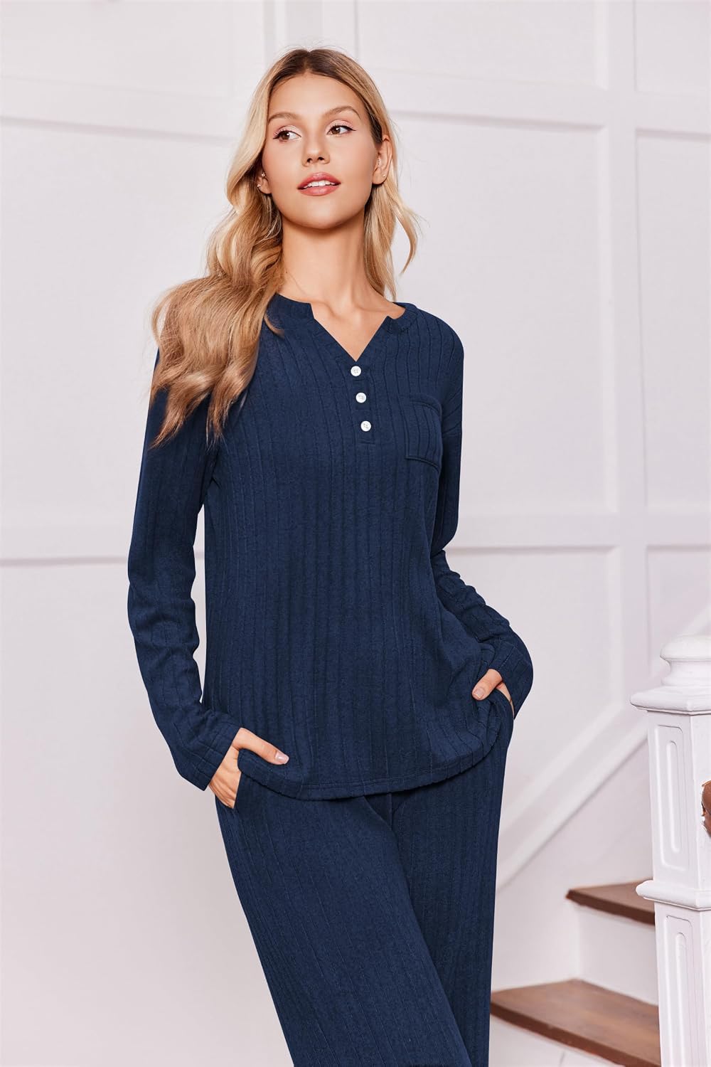Ekouaer Women's 2 Piece Lounge Set Long Sleeve Knit Ribbed Pajama Sets image 2