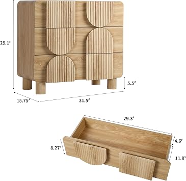 Janmer Home 3 Drawer Dressers for Bedroom, 31.5 Wide Large Mid Century Modern Fluted Nightstand, Wood Dresser & Chest of Drawers with Curved Profile for Living Room, Entryway, Hallway, Natural