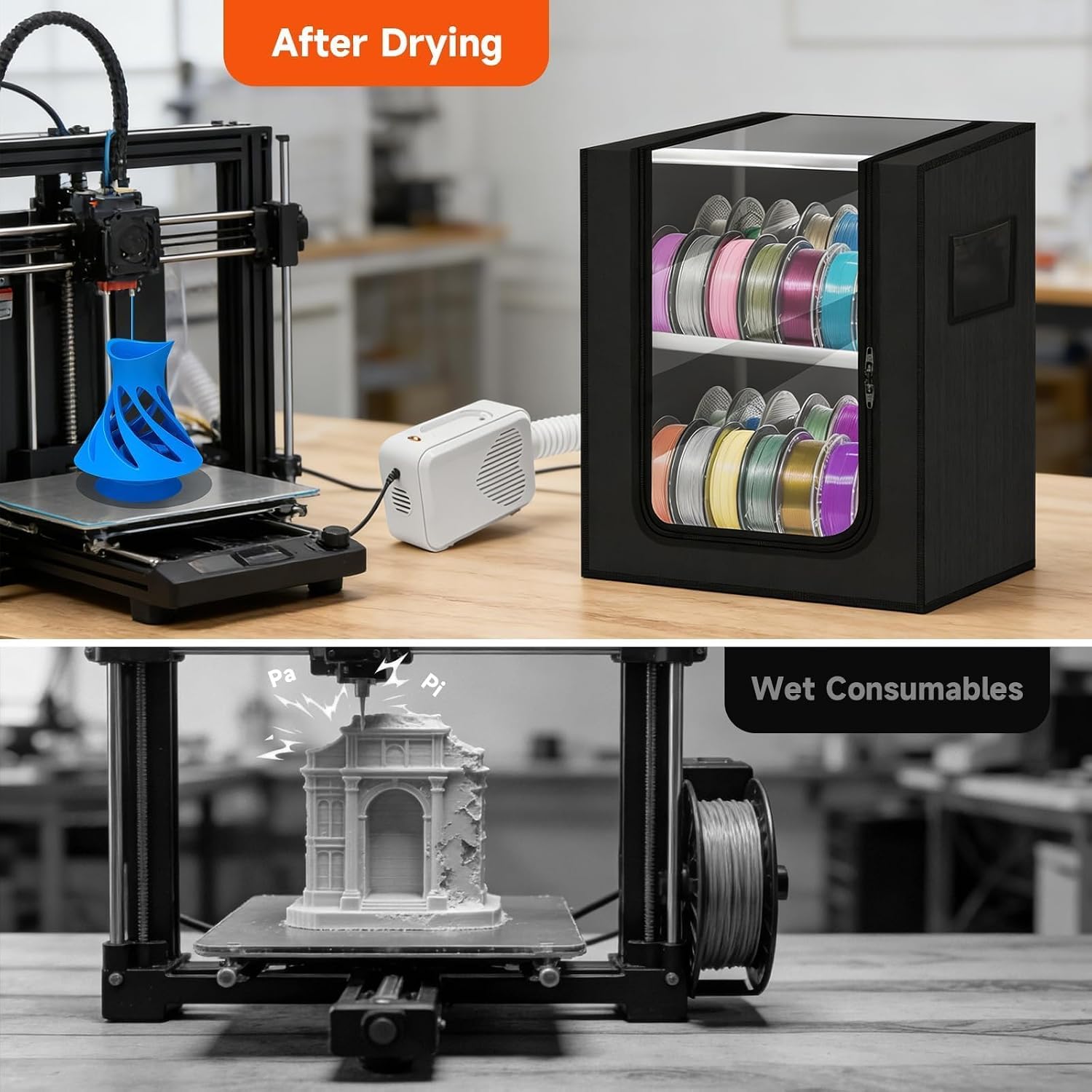 3D Printer Filament Storage Box with External Dryer - 2-Tier Active Heating Filament Rack Holds 24 Rolls 1KG Spools, Dehumidifier Storage Organizer with Hot Air Circulation for Home & Studio
