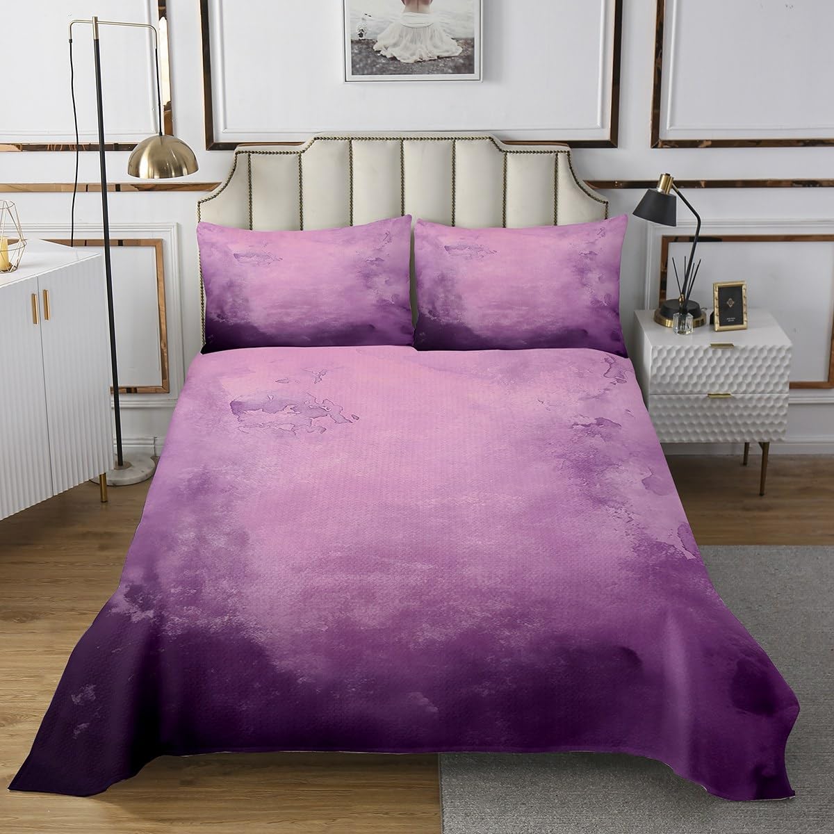 Erosebridal Purple and Pink Abstract Twin Bedspread Set, Watercolor Art Aesthetic Soft Quilt Set for Kids Girls Boys, Ombre Tie Dye Coverlet Set & Bedspread for Bedroom, Smoky Gradient Bedding Sets