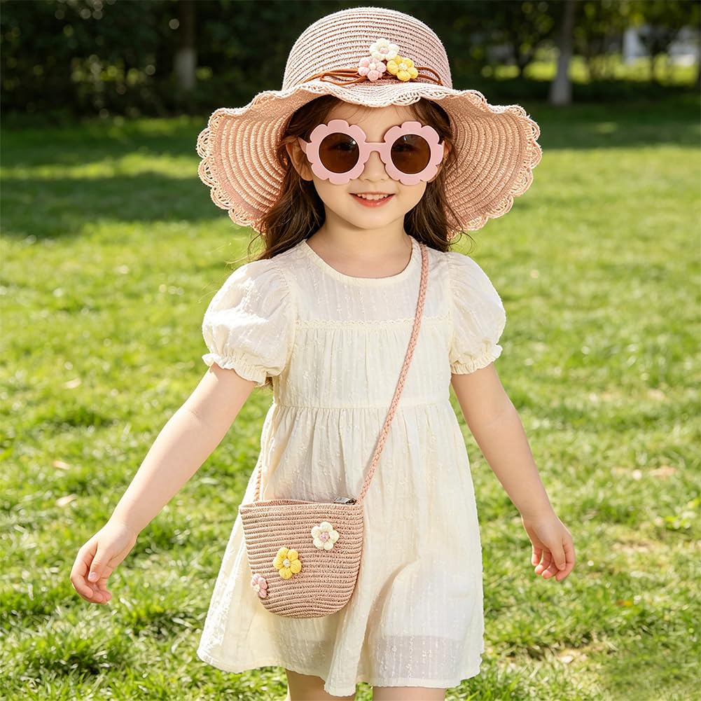 Sombrero de Paja Niñas, Gorra de Sol Chica y Bolsa de Paja Set Gorro de Playa Gafas de Sols Playa de Verano Sombrero Mini Bolsa Cruzada de Pajas Sombreros para Viaje Beach Piscina(Rosa)