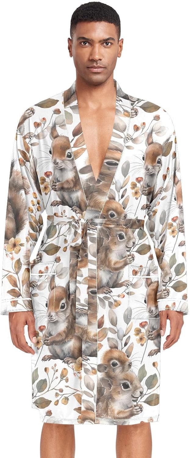 STAYTOP Cute Squirrel Men's Nightshirt,Soft Kimono Bathrobe Men Long Sleeve Mens Sleepwear