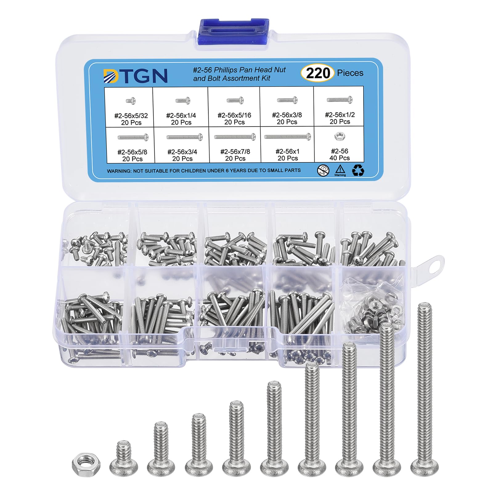 DTGN 220Pcs Machine Screws Assortment Kit, #2-56 Phillips Pan Head Nut and Bolt Assortment Kit, 304 Stainless Steel