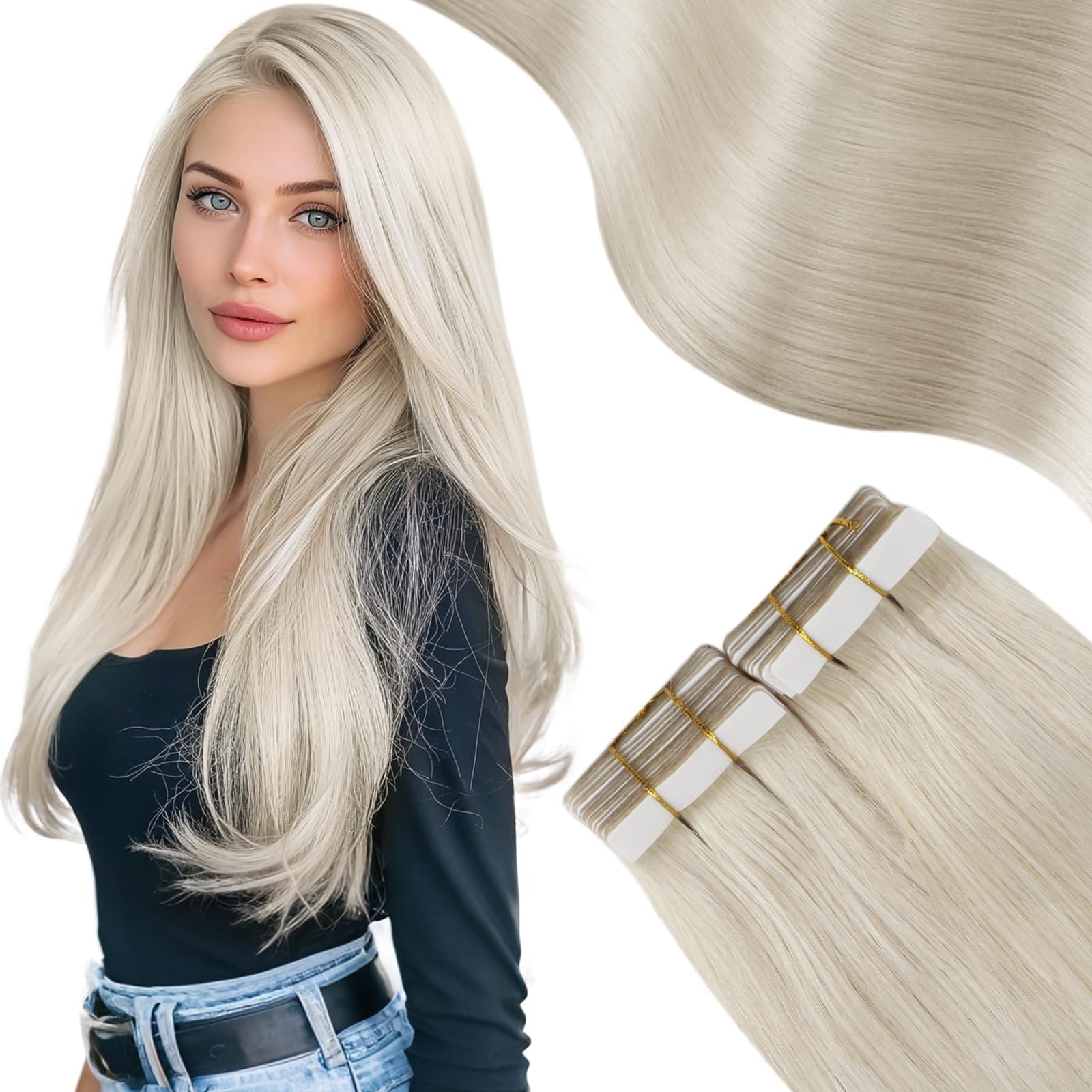 Moresoo Tape in Extensions Echthaar Platinblond 40cm Echthaar Extensions Tape Blond Dick Glatt Haare 50 Gramm 20 Stück 40 cm #60 Für Täglichen Gebrauch