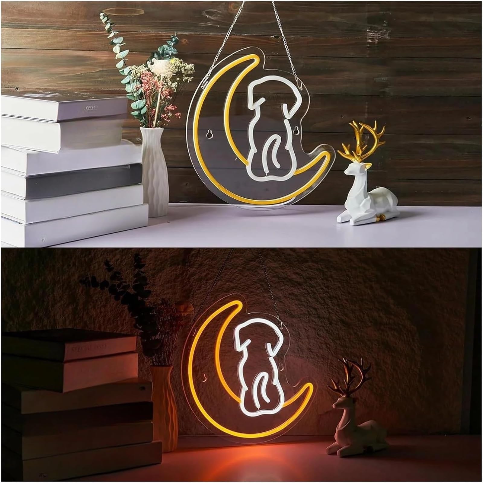 Lampe Néon Enseigne lumineuse LED «Lune et Chien» décoration murale idéale une chambre d'enfant salle jeux fête ou un magasin 31,7×32,8cm