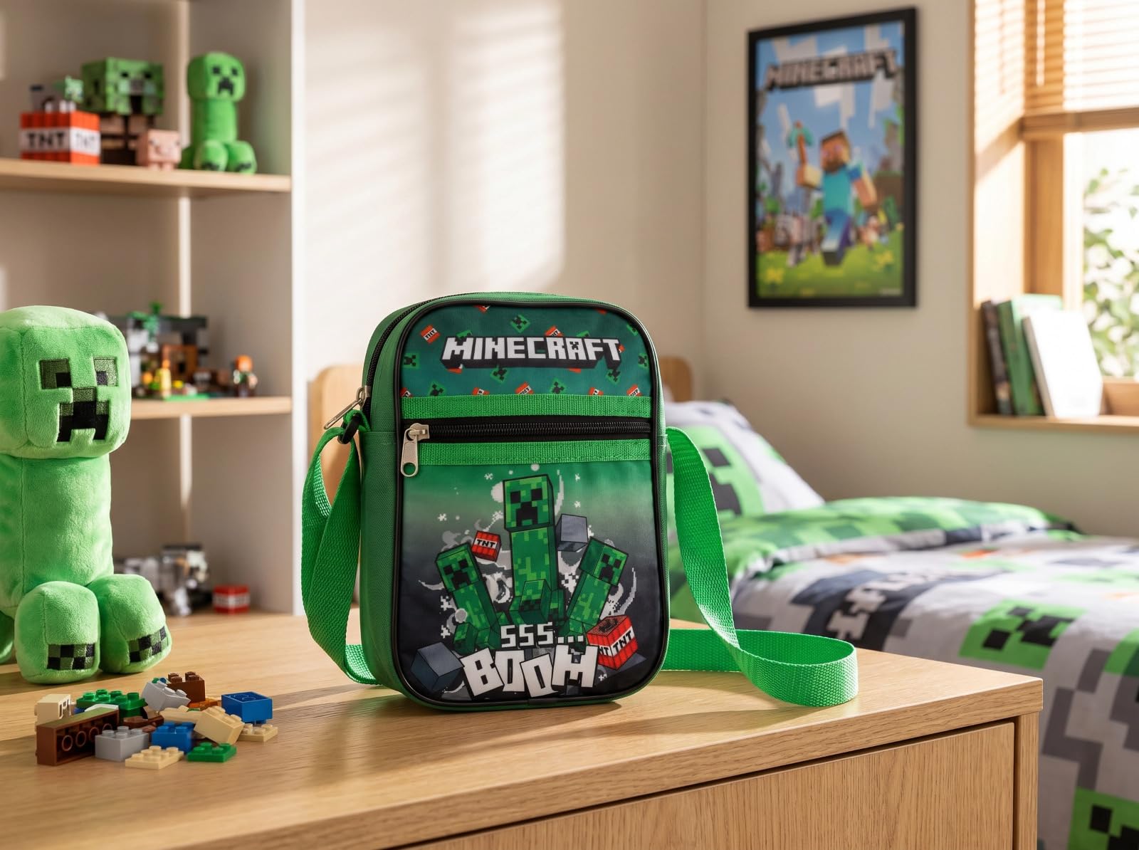 Aymax Minecraft Creeper Kinder Umhängetasche Schultertasche Grün, 21x16x5 cm, Tasche aus 100% Polyester mit Reißverschluss, Freizeittasche für Jungen