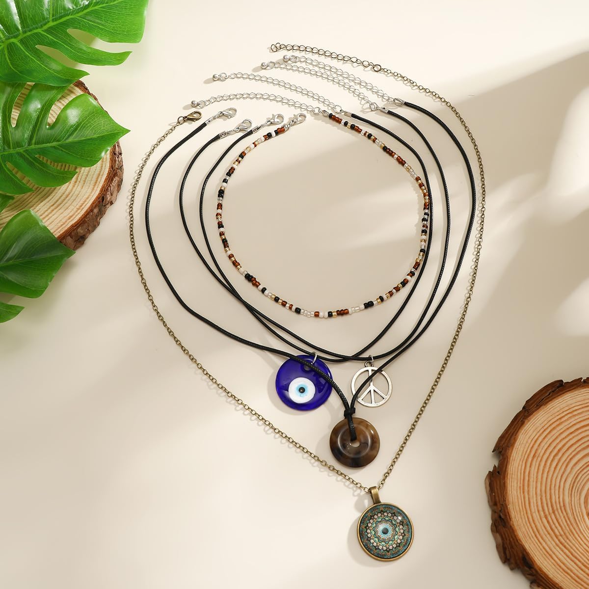 Layered Evil Eye Necklace for Women, Boho Bead Vintage Long Necklaces Green Compass Pendant Fashion Jewelry - Image 7