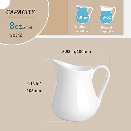 Miniatura 2 de Gurygo Juego de 2 Jarras para Crema de 8 onzas de Cerámica con Asa, Pequeño Contenedor Clásico de Leche Blanco, Jarra de Crema de Porcelana Fina