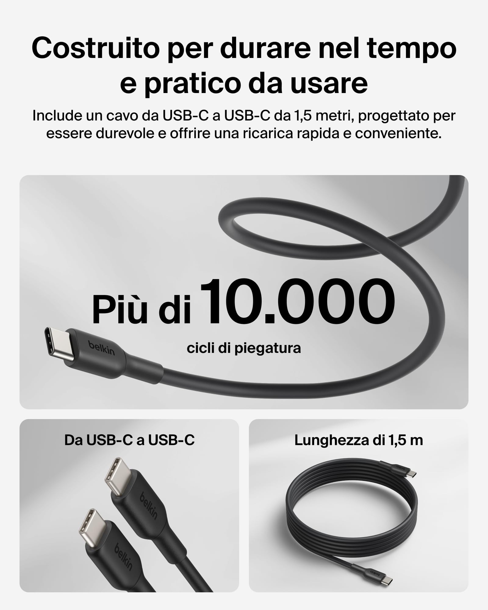 Belkin BoostCharge Caricatore USB C GaN 100W, Carica Batterie Cellulare Compatto con Spina Pieghevole per iPhone 17, Samsung Galaxy S26, Pixel 10, Tablet, MacBook, Cavo USB-C da 1,5 m Incluso- Nero