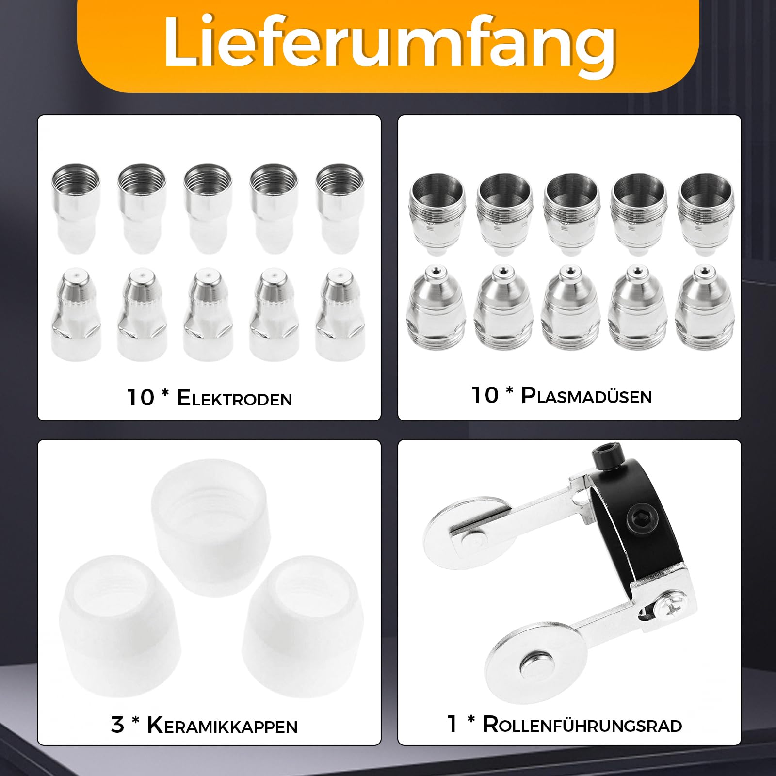 P80 Plasmazubehör Verschleißteile, Plasmadüsen + Elektroden + Keramikkappen + Rollenführungsrad für P80 Plasmaschneider-Brenner, 24- teiliges Set