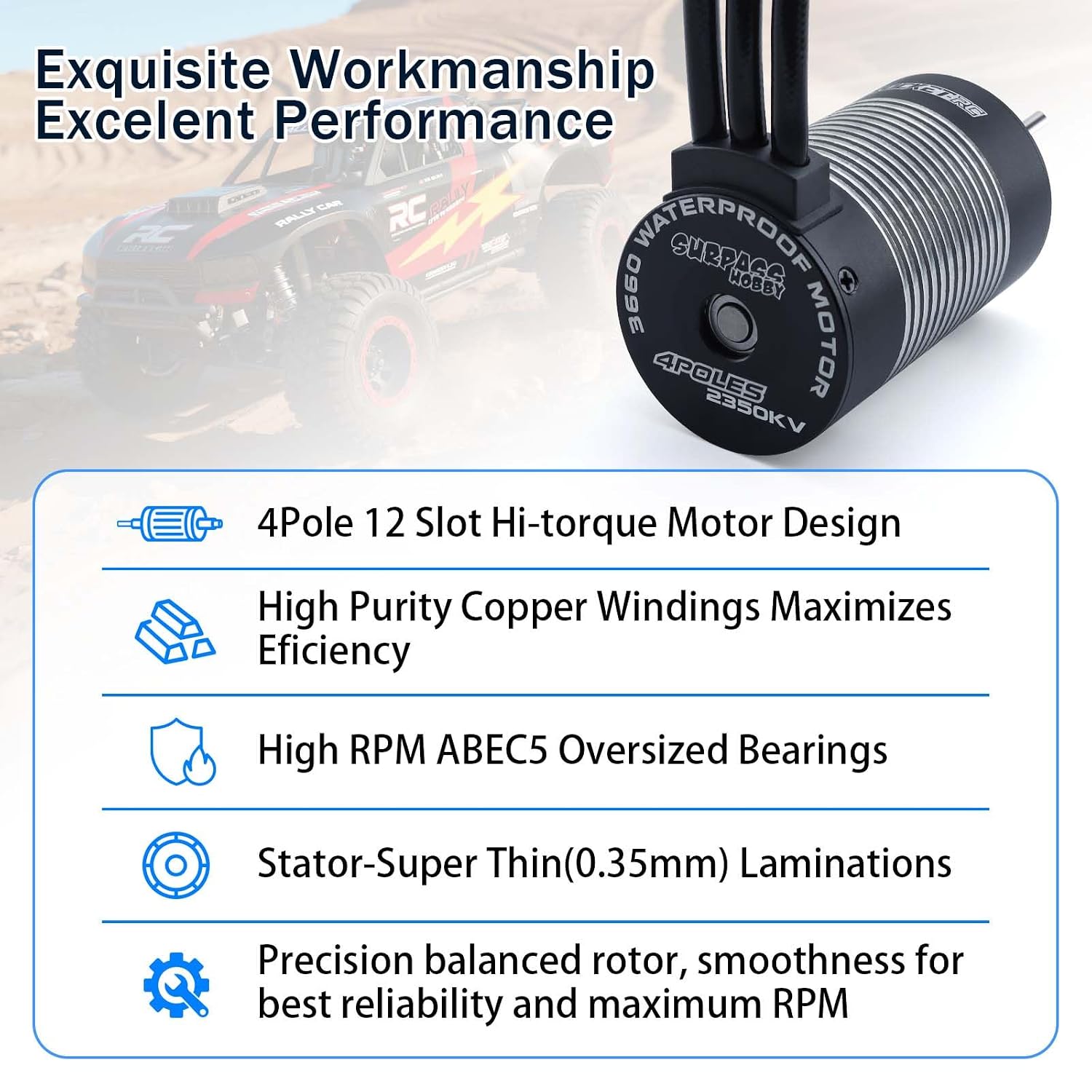 SurpassHobby 3660 2350KV Brushless Motor 21V 4-Pole Design, Suitable for 1/8 1/10 RC Electric Racing Car Buggy