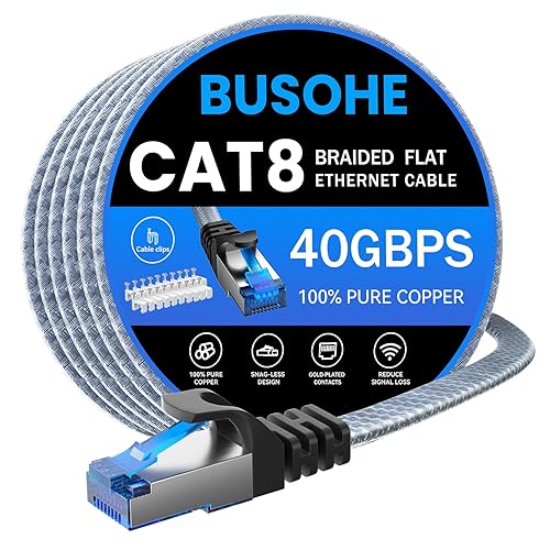 BUSOHE Cable Ethernet Cat 8 de 50 pies, cable de conexión de red LAN de alta velocidad trenzado de nailon resistente, 40 Gbps 2000 Mhz SFTP blindado