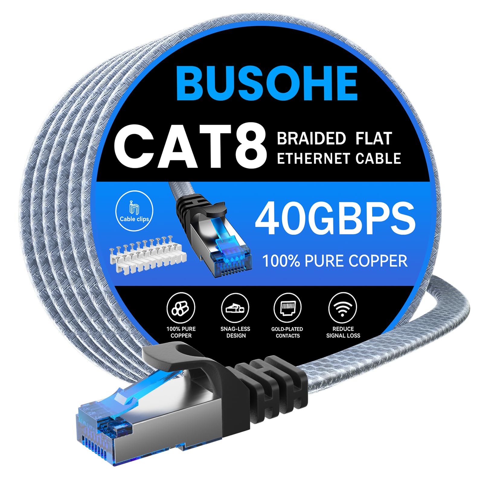 Photo 1 of BUSOHE Cat 8 Ethernet Cable 50 ft, Nylon Braided High Speed Heavy Duty Network LAN Patch Cord, 40Gbps 2000Mhz SFTP Shielded RJ45 Flat Internet Cable for TV/PC/Router, in Wall, Indoor, Outdoor