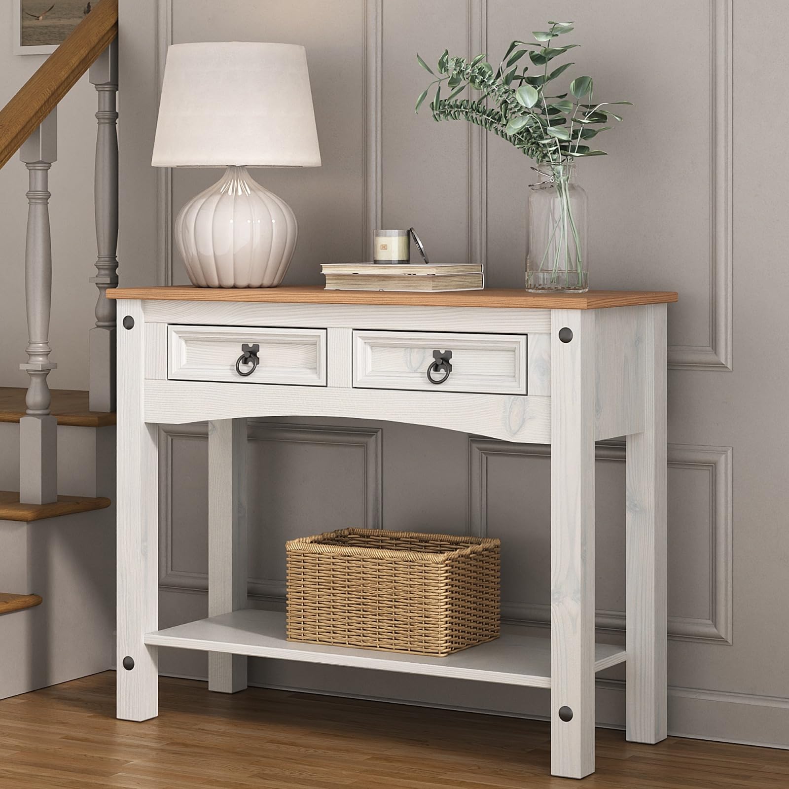 Corona White Console Table with 2 Drawers Mexican Solid Pine
